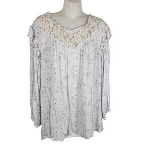 Maurices Womens Swing Top Blue Floral Lace 3/4 Sleeve Ruffle Relaxed Large Light